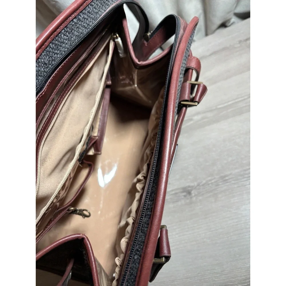 Hartmann Tweed Leather Satchel Handbag Burgundy Charcoal Gray Vintage Travel Bag